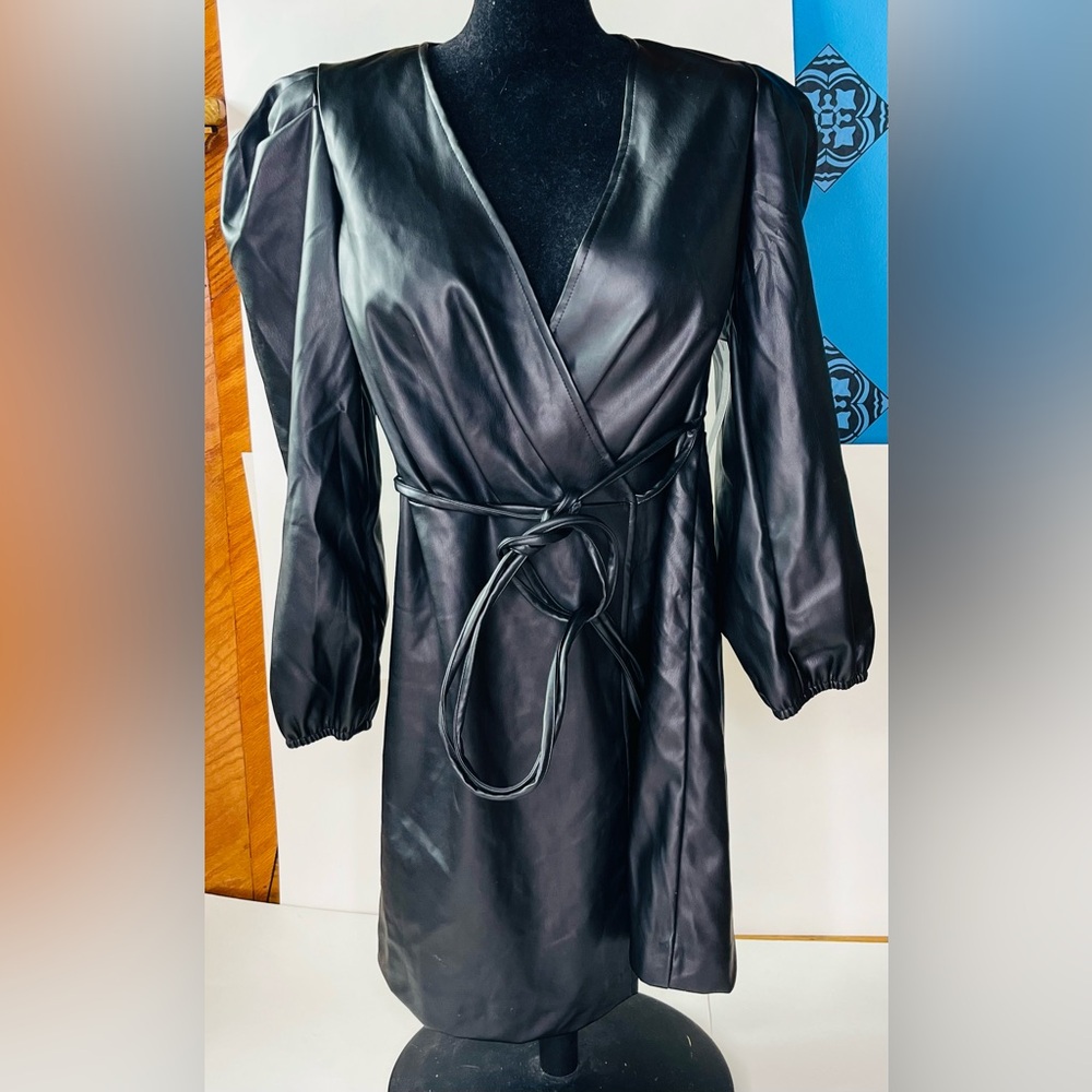 New with Tags BCBG Paris Black Faux Leather Dress long puff sleeves wrap dress